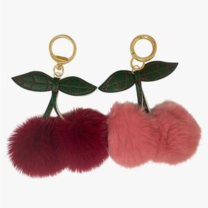 Fluffy cherries bag charm keychain set pink and red fluffy cherries